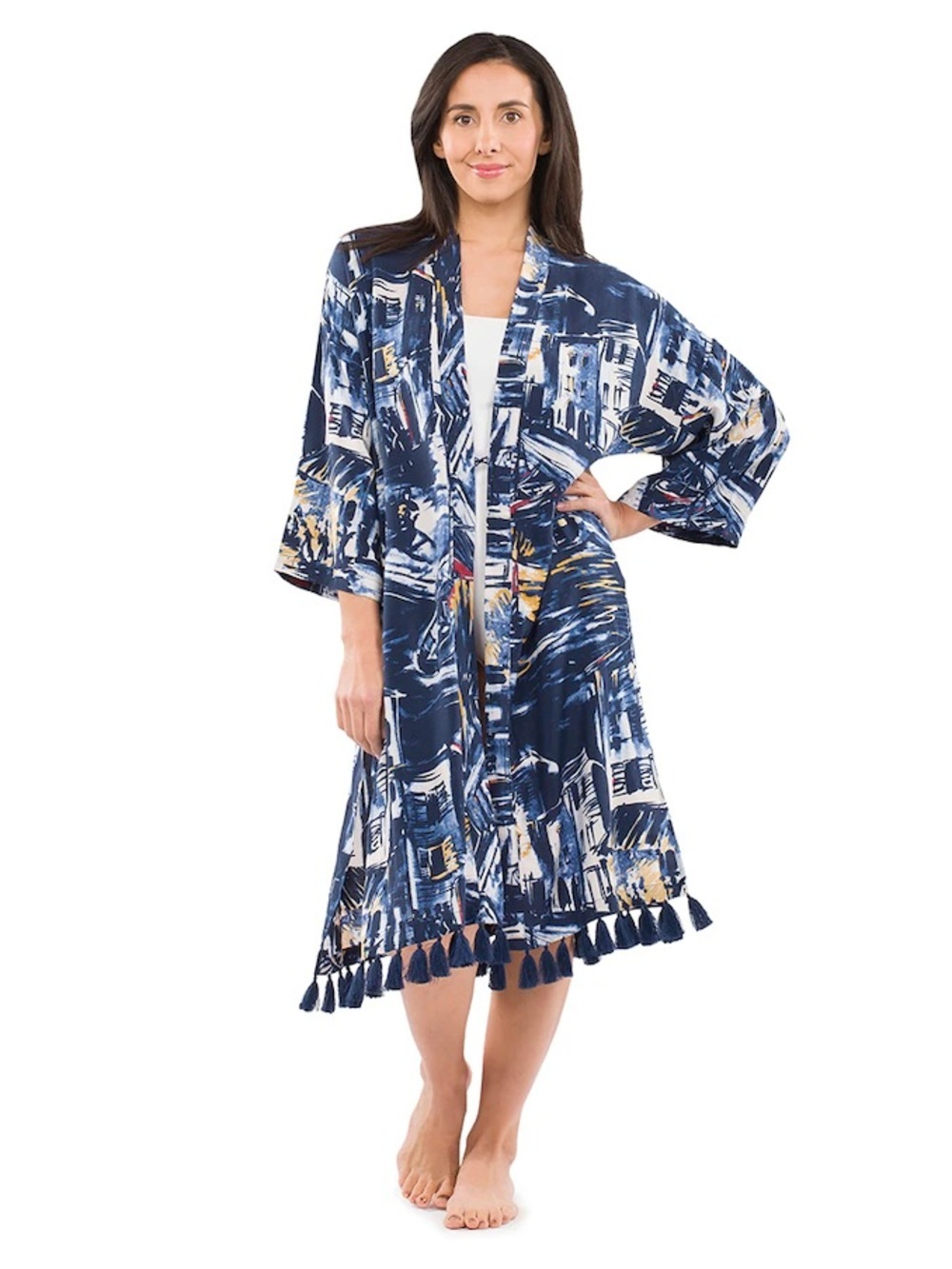 Patricia Nash - Ruana Navy & White Printed Tassel-Hem Kimono Robe